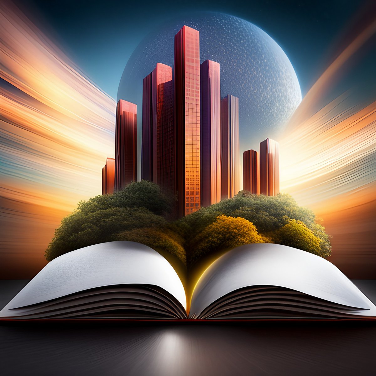 An open book with illumination beside utopian buildings