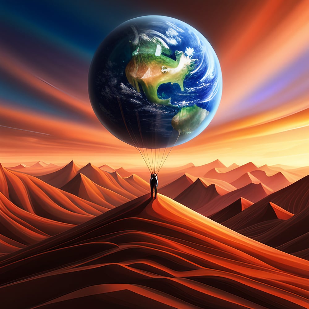 digital artwork that features a earth as a hot air balloon over a desert land and conscious consumerism