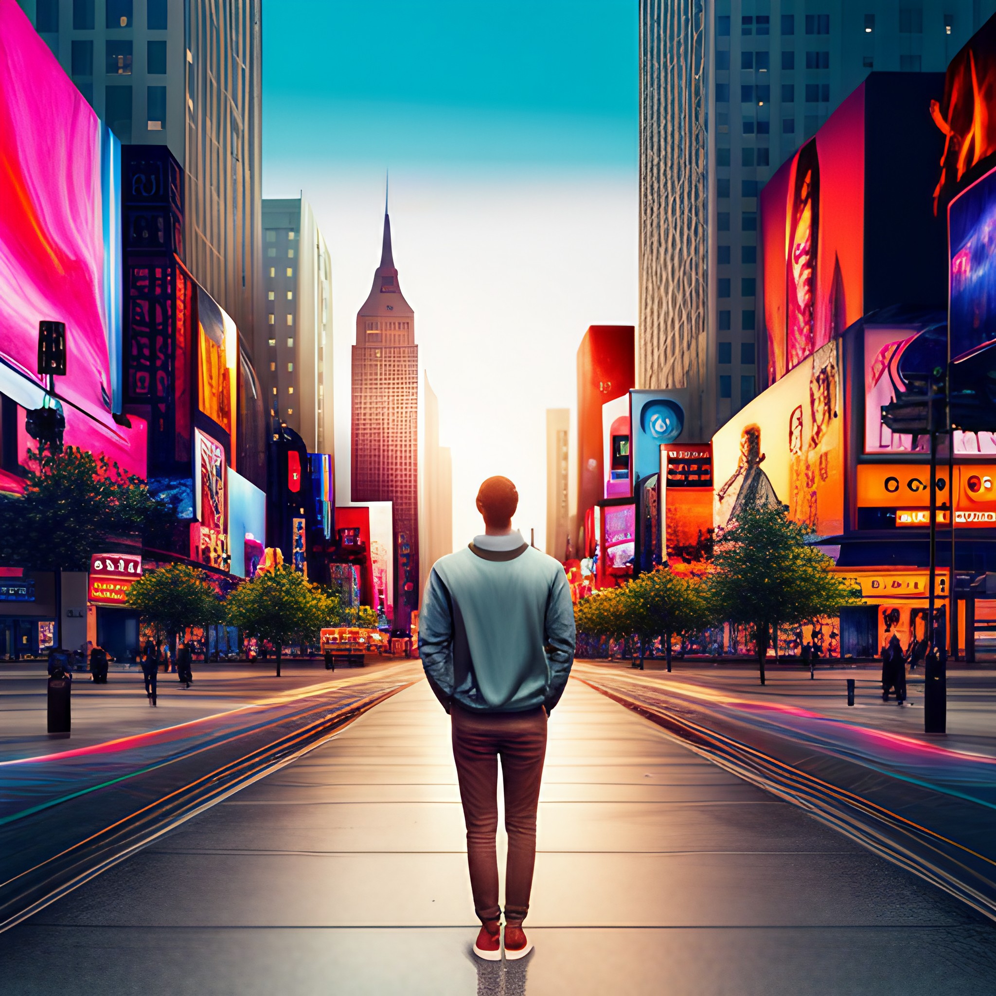 photorealistic digital artwork that features a person standing in a vibrant city, looking up at towering buildings and billboards