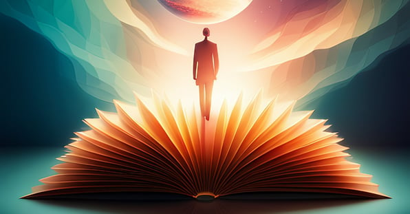 surrealistic picture of a book being open an illuminated with a person walking on it
